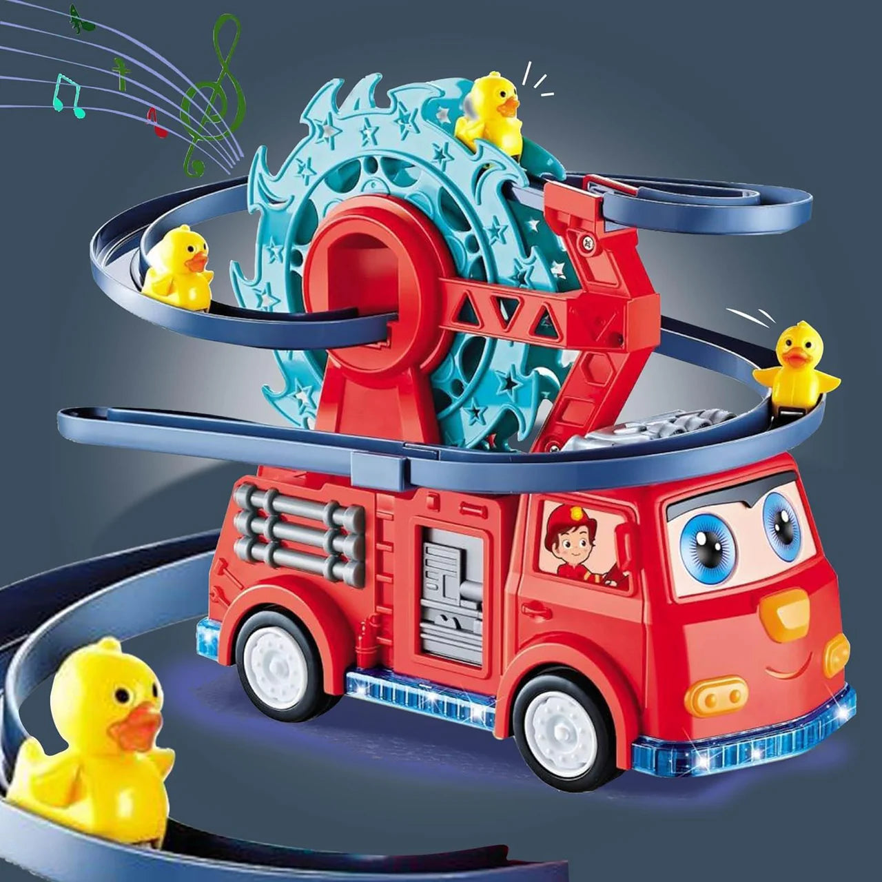 Duck Swivel Slide Fire Rail Car – Interactive Toy with Lights & Sound